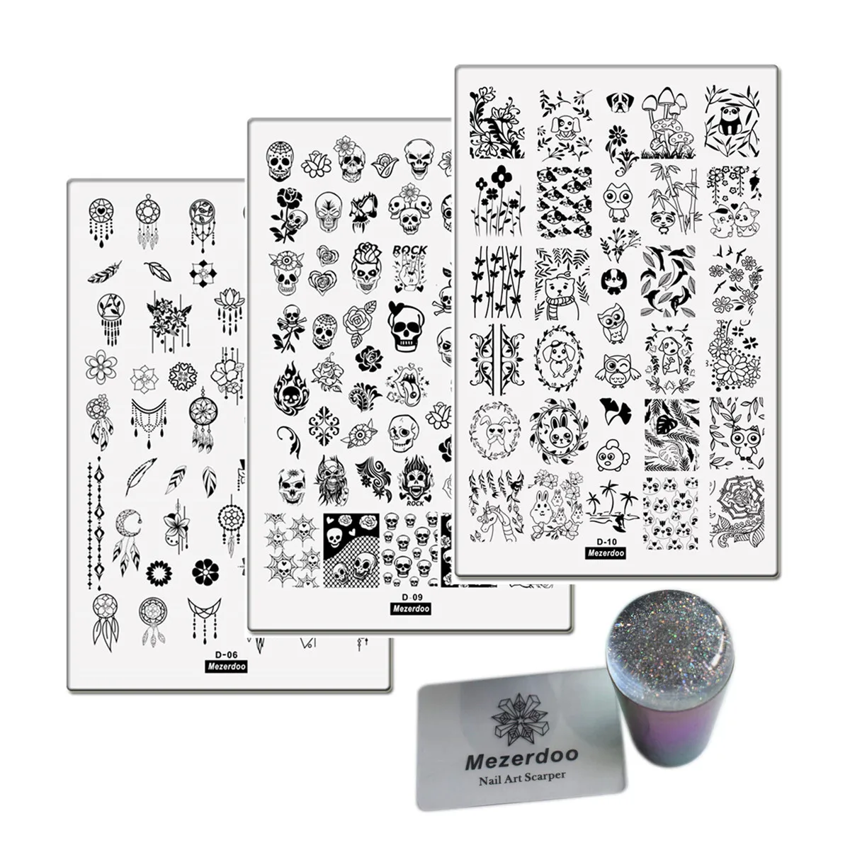 

3Pcs Cute Animal Skull Dreamcatcher Thems Nail Art Templates + 1 Starry Holographic Transparent Nail Stamping Stamp Scraper Set
