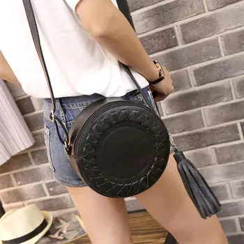 

Round Women Tassel Bag Woven PU Crossbody Shoulder Bags for Women Ladies Handbags Cute Knitting Circular Women Messenger Bag