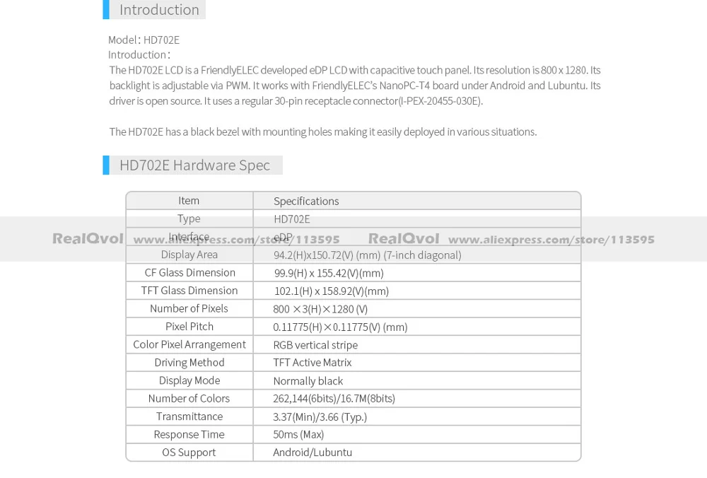 FriendlyARM 7 дюймов eDP ЖК-дисплей Дисплей с Кепки-Touch HD702E Разрешение 800x1280 Поддержка высокого разрешения Android lubuntu NanoPC-T4