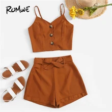 ROMWE Soild Button Front Cami Tops With Belted Shorts Women Sets Summer Boho Sleeveless Camisole Wide Leg Bottoms Two-Pieces Set self belted wide leg shorts