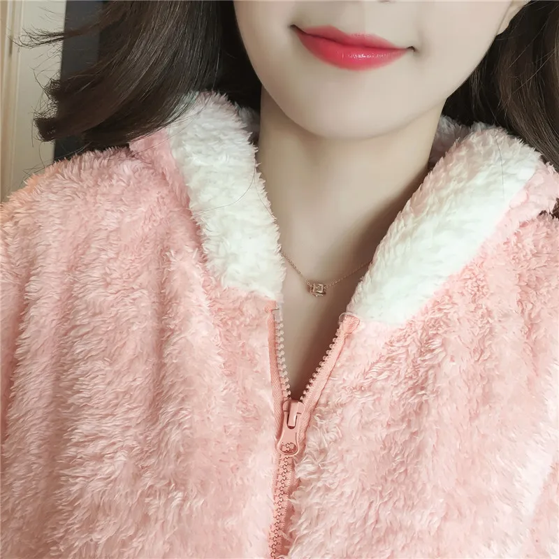 Women Pajamas Winter Autumn Flannel Suits Cartoon Sleeping Clothes Two Piece Zipper Hooded Warm Nightys 2018 Female Pajama JW304 (2)
