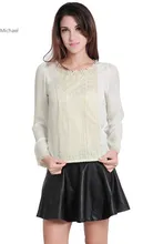 Spring Summer Women Sheer Blouses Long Sleeve Embellished Chiffon Shirts Tops White/ Apricot 4 Sizes b7