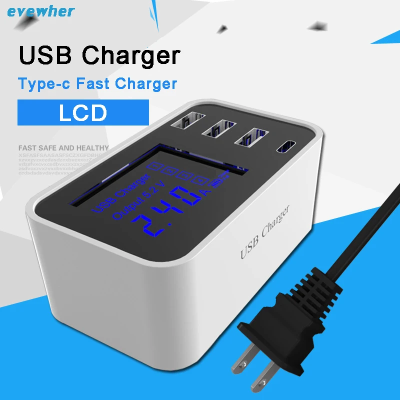 

Quick Charge Smart Mobile Phone USB Charger 3 Port USB Type-C Fast Charging Wall Power Adapter Led Display Desktop