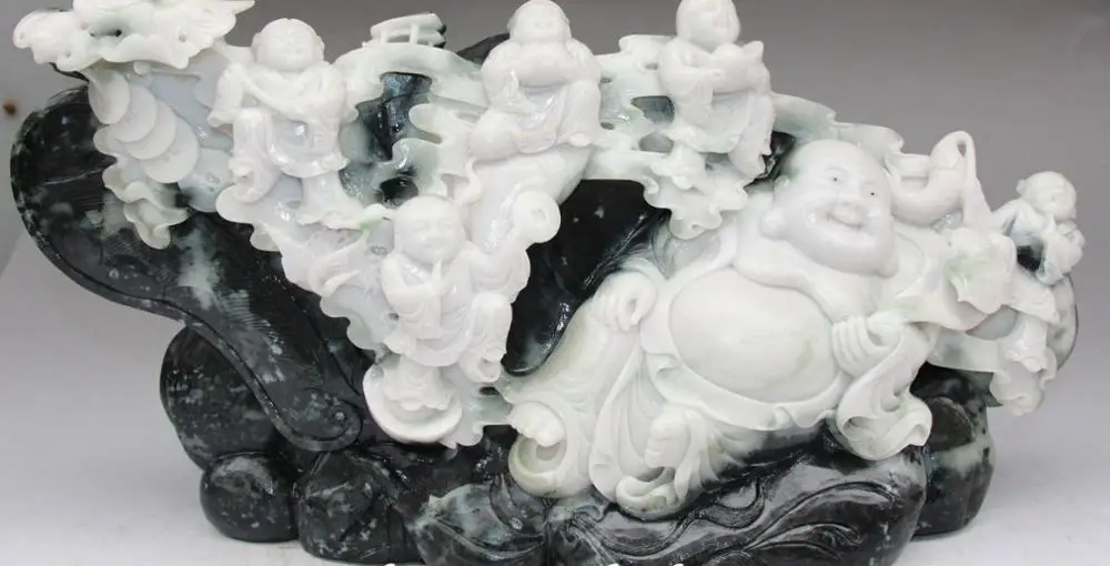 

16"Natural Dushan Jade Wealth Five Kid Happy Laugh Smile Maitreya Buddha Statue
