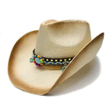 Ретро Для женщин Для мужчин Мужская Летние соломенные пляжные ковбой Западные Пастушка фетровая шляпа знак мира Бирюзовый бисера кожаный ремешок 58 см