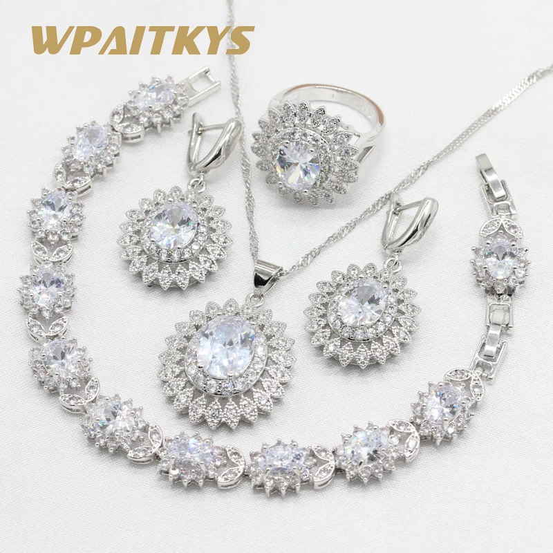 Kopen 925 Sterling Zilveren Bruids Sieraden Sets Voor Vrouwen AAA Wit Zirconia Ketting Hanger Oorbellen Ring Armband Geschenkdoos