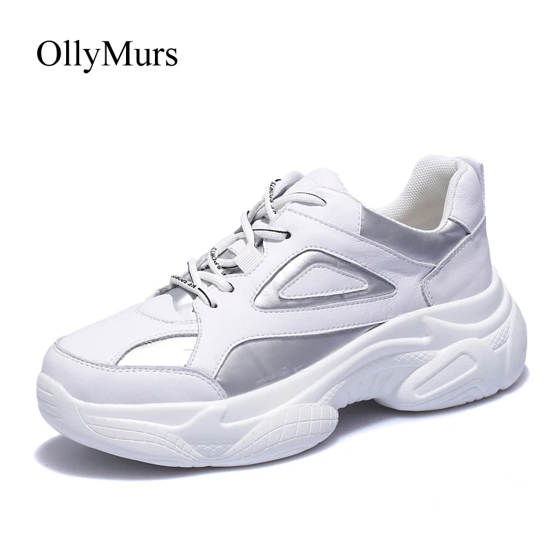 

Shoes Women Chunky Sneakers Real Leather Platform zapatos de mujer Spring New chaussures femme Patchwork Breathable Cross-tied