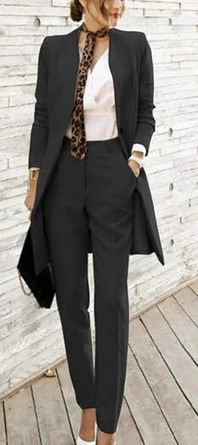 Womens Stylish V Neck Office Fitted Blazer and Pants Suit Set