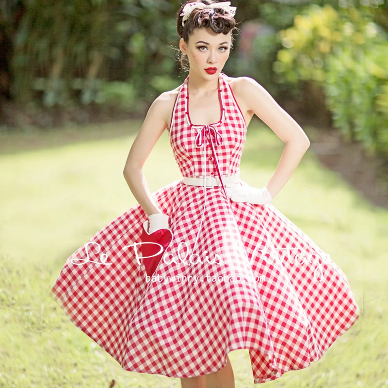 le palais vintage 50s white red gingham halter midi swing dress