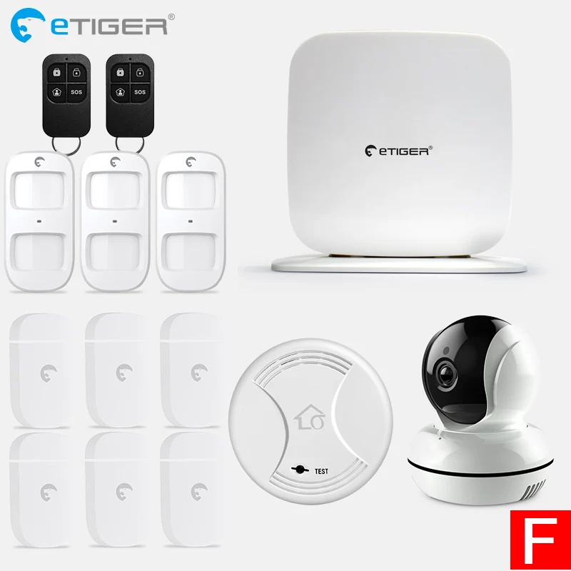 Etiger беспроводной Secual Box Wi-Fi/GSM сигнализация умный дом Комплект с датчиком движения PIR IP wifi камера Беспроводной детектор дыма - Цвет: SET   F