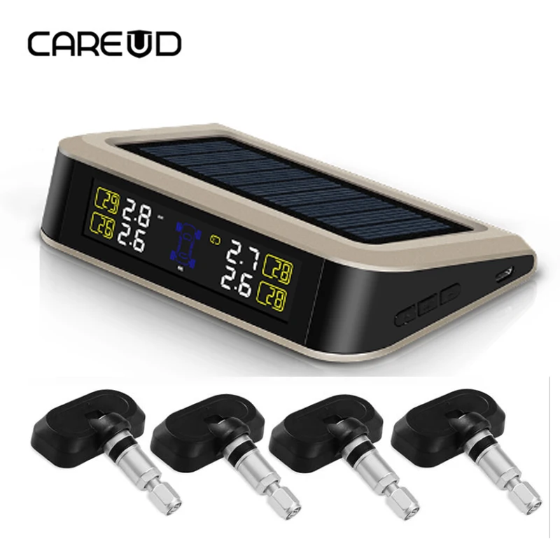 

Solar Power Supply TPMS Car Tire Pressure Monitoring System with 4 Internal Sensors PSI/BAR Measurement High Quality CAREUD 601