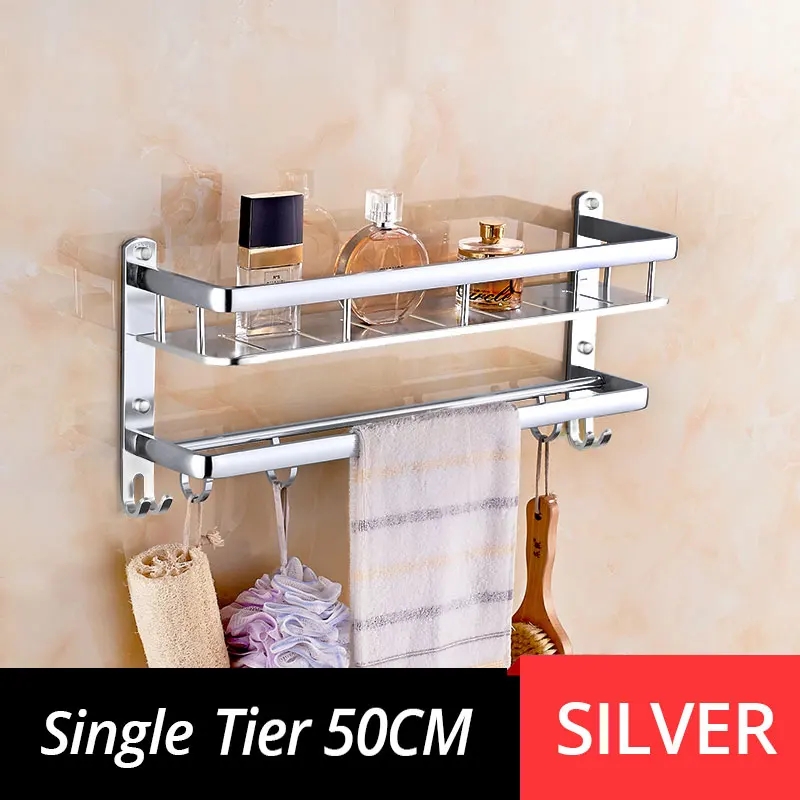 Silver Dual 50cm MEIFUJU одноуровневая угловая полка для ванной комнаты, черные алюминиевые полки для ванной комнаты с крючками, настенный держатель для полотенец - Цвет: Silver Dual 50cm