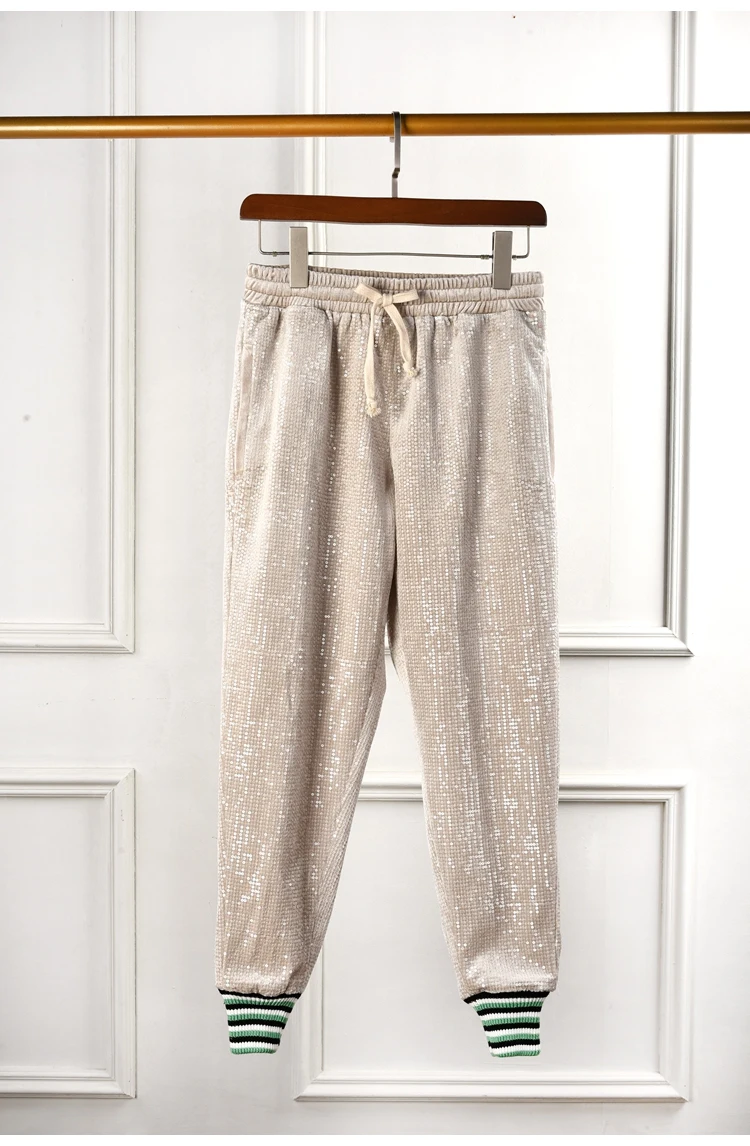 Truevoker осенние дизайнерские штаны женские Высокое качество эластичный пояс Роскошные Блестки в полоску повседневные длинные брюки