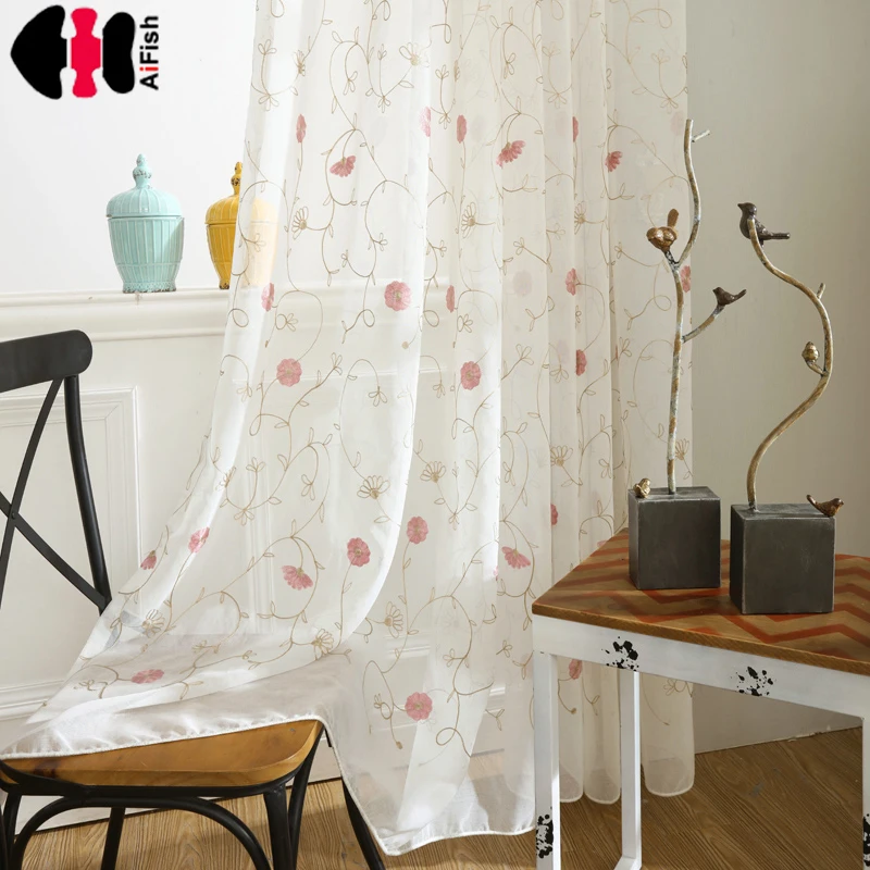

Pink flower embroidered Voile curtains door curtains for living room Tulle for the kitchen tulle sheer floral curtains WP400A