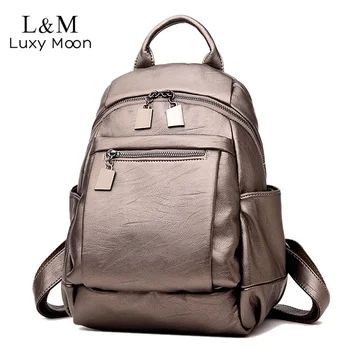 

Fashion Gold Leather Backpack Women Black Vintage Large Bag For Female Teenage Girls School Backpacks Solid Bags mochila XA75H