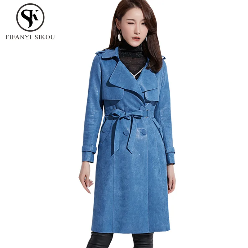 

Elegant Trench coat Women Fashion Double Breasted Belt Suede Outerwear Female Solid color Casual Slim Trench Coats Spring Autumn