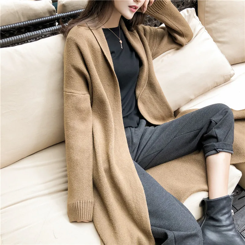 

2019 autumn new wild loose sweater lapel wool cardigan long coat women
