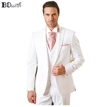 

White Wedding Men Suit Peaked Collar Slim Fit 3 Pieces Jacket+Pants+Vest For Wedding Tuxedos Formal Suits Custom Made
