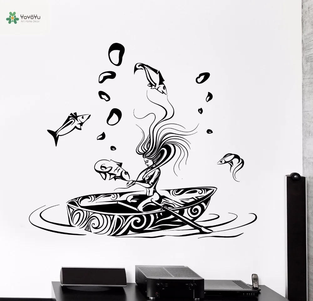 

YOYOYU Vinyl Wall Decal Fish Dream Girl Riding A Boat Fantasy Teens Room Bedroom Decoration Muraux Stickers FD123