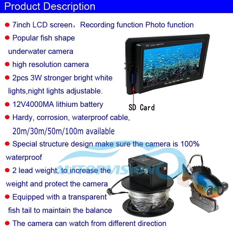 Sy801 50 м глубина кабель рыбы Форма подводный Рыбалка Камера 7 дюймов tft ЖК-дисплей Мониторы DVR Запись Водонепроницаемый Рыболокаторы системы