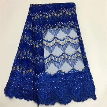 

African stone Lace Fabric High Quality Nigerian Elastic Lace Fabric Water soluble 2018 Leopard Print With beads For Dress blue