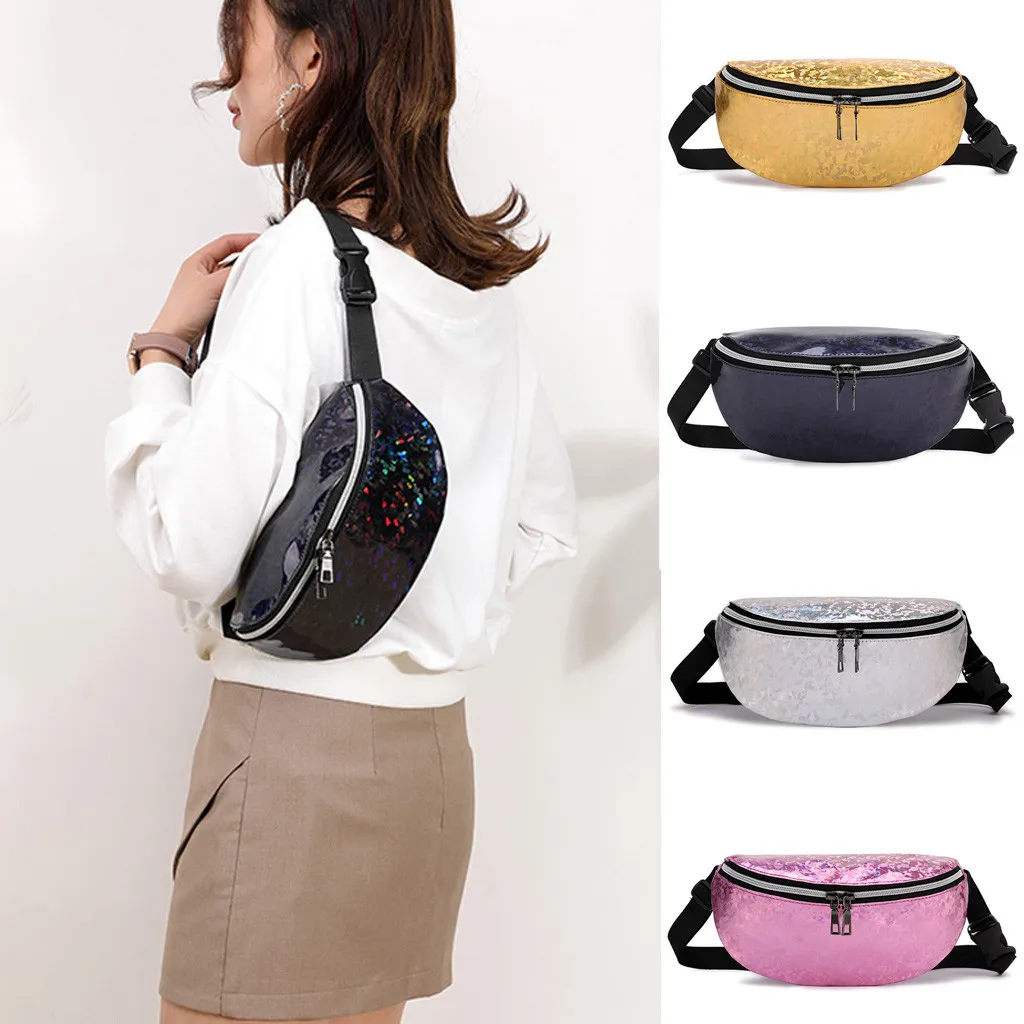 Модная поясная сумка из лазерной кожи, винтажная Женская Студенческая спортивная сумка на молнии, сумка на грудь, поясная сумка