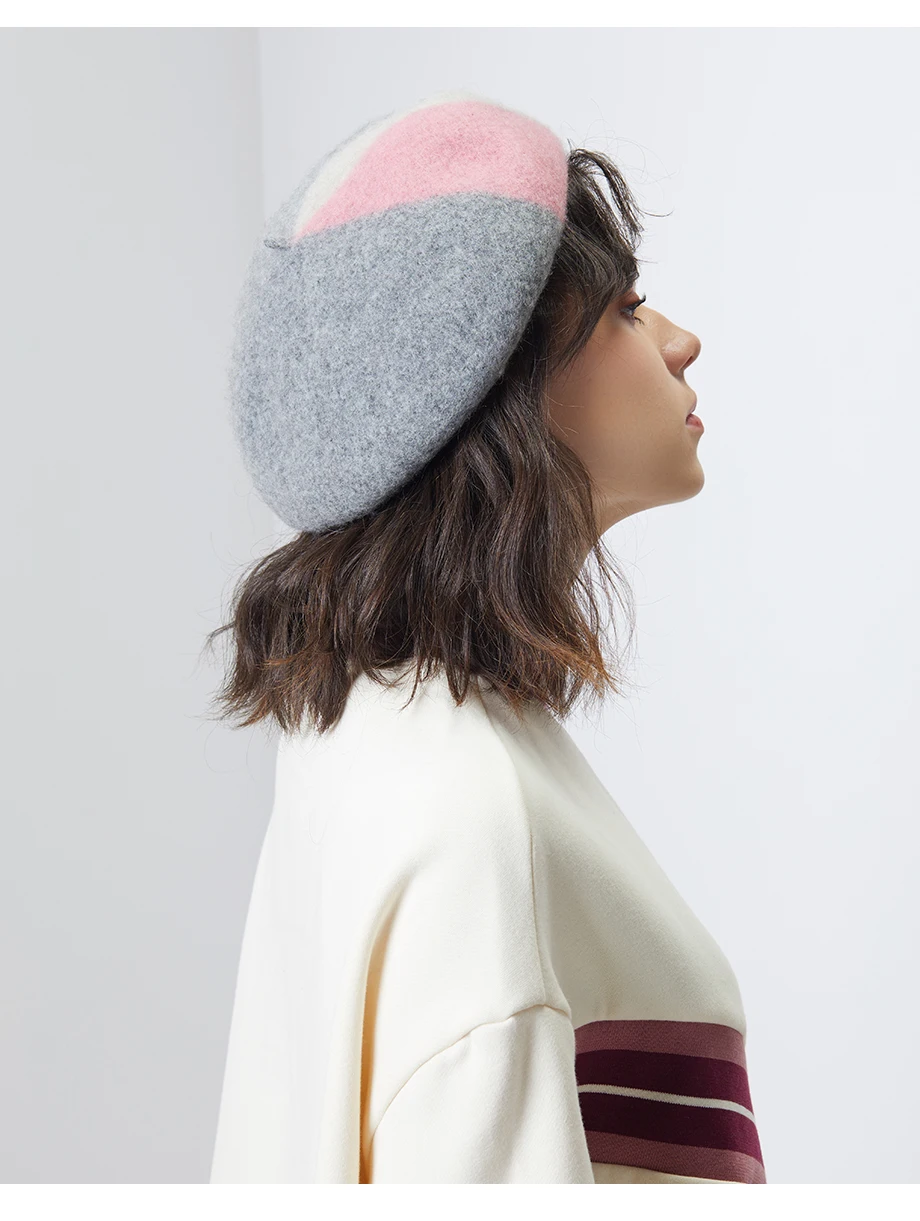 Beret Female 100% Cashmere Hats For Women Winter Flat Cap Wool Knit Hats Lady Three-color Patchwork Berets Painter Hat Beanie (7)