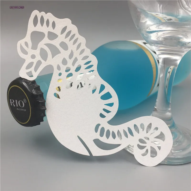 50pcs Ice White Wedding Sea Horse Wine Glass Laser Cut Name Place Cards 