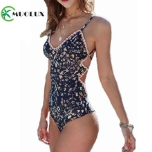 Новинка, винтажный женский купальник с цветочным принтом, глубокий v-образный вырез, сексуальный пуш-ап цельный купальник бикини, перекрестный бандаж, купальный костюм размера плюс