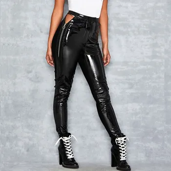 

Fashion Hollow Out Bright Leather Pants Women Summer Solid PU High Waist Pencil Pants Elastic Casual Trousers