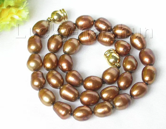 

Free shipping >>>>>>Genuine 17" 12mm rice coffee freshwater pearls necklace magnet clasp j7929