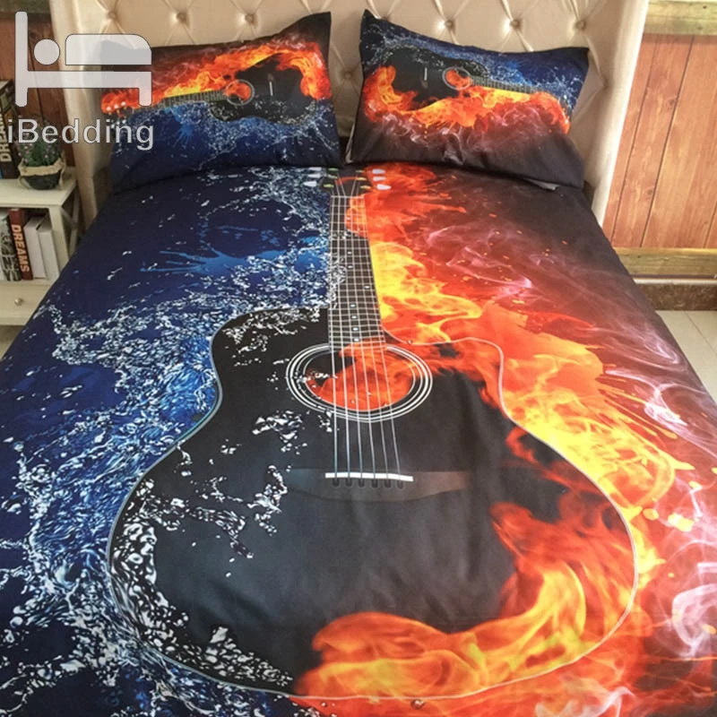 3Pcs/Set Water Fire Guitar Print Queen Comforter Bedding Set King Twin