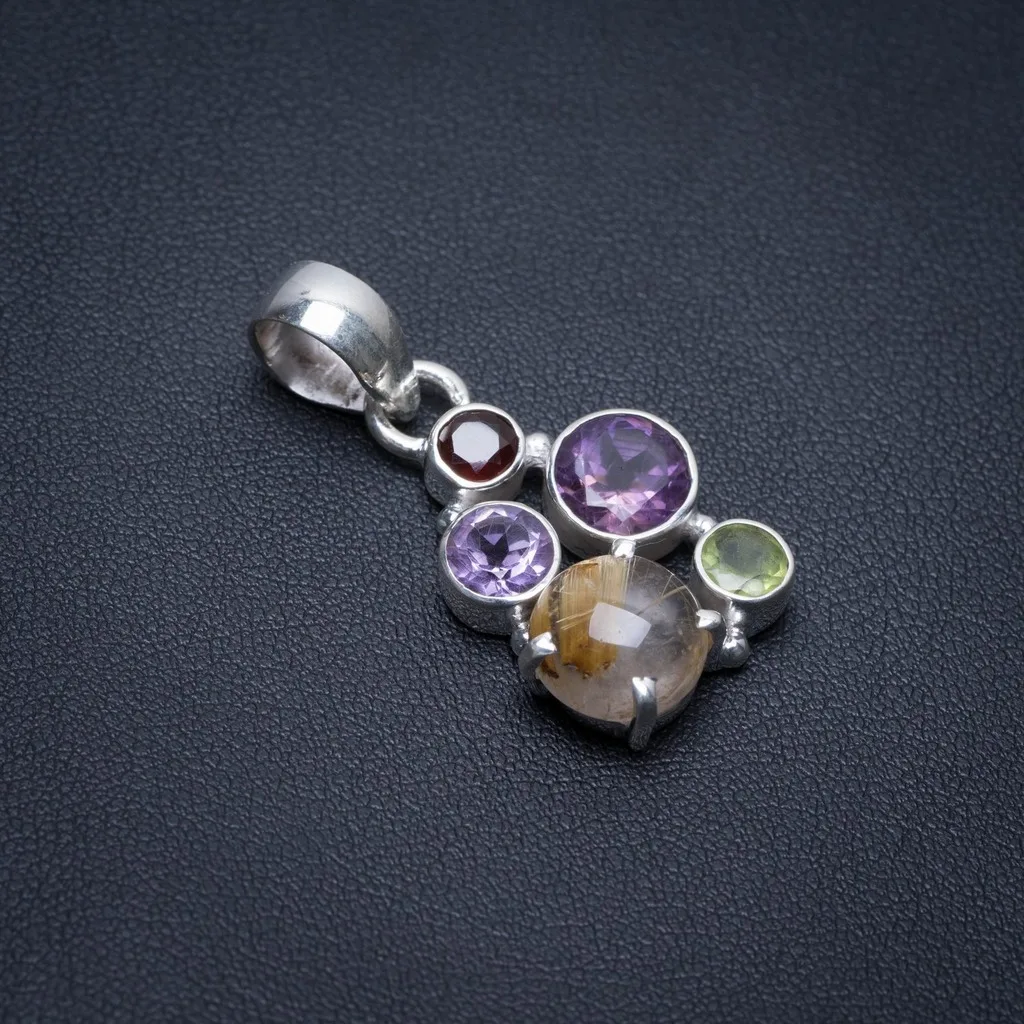 

Natural Golden Rutilated Quartz,Amethyst,Peridot and Garnet Punk 925 Sterling Silver Pendant 1 1/4" S1107