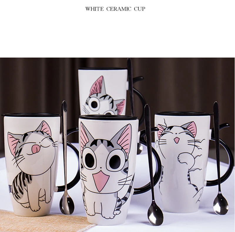 cheap 600ml Cute Cat Ceramics Coffee Mug With Lid Spoon Large Capacity Mugs Creative Drinkware Coffee Tea Cups Novelty Gifts Milk Cup