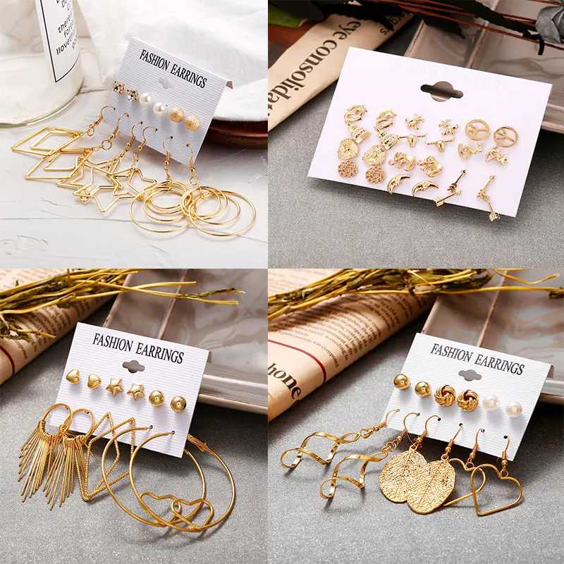 

KMVEXO Fashion Stud Earrings Set Mix for Women Gold Color Geometric Metal Love Star Heart Leaves Tassel Big Earrings Brincos New