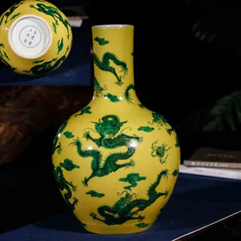 

Antique qing porcelain yellow vase with green dragon design with qing yongzheng mark