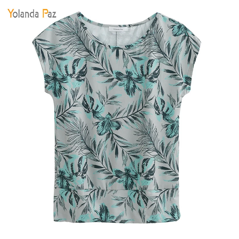 

Yolanda Paz 2017 Summer Short-Sleeved Leaves Printed Fashion T-shirt Women Tops O-Neck Elastic Waist Casual tops tees