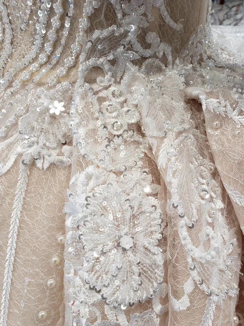 HTL433 long sleeves lace wedding dresses with train v-neck open back puffy ruffle wedding gowns heavy handwork robe de mariee (15)