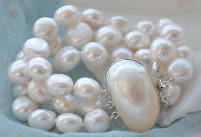 

001629 3ROW 8" BAROQUE WHITE FRESHWATER PEARL BRACELET MABE