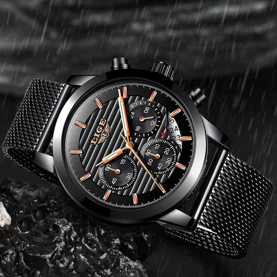 

Watch Men New LIGE Mens Watches Top Brand Luxury Quartz Wristwatch Men Full Steel Grid Casual Strap Waterproof Sport Chronograph