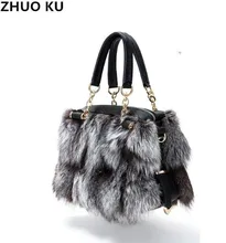 ZHUOKU 2017 New Women Silver Fox Fur Leather Messenger Bags Fashion Solid Female Flap Bags High Quality Ladies Crossbody Bags