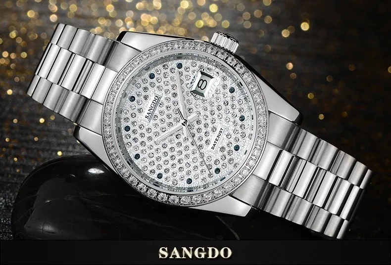 Роскошные мужские часы SANGDO, золотые, нержавеющая сталь, автоматические механические, сапфировое стекло, водонепроницаемые часы с календарем, мужские часы
