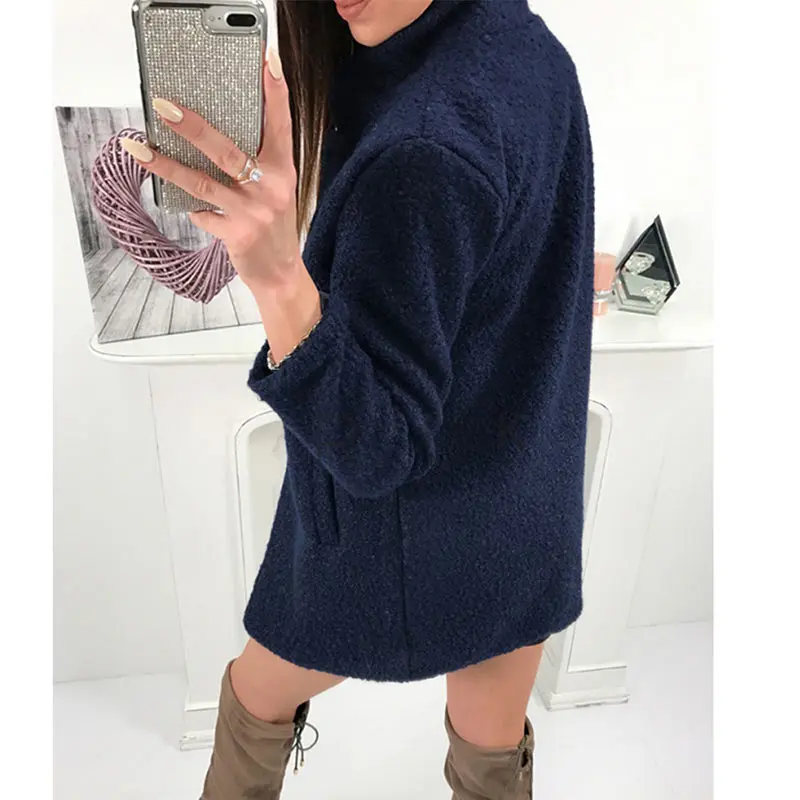 Women Winter Woolen Coat Autumn Casual Solid Color Long Sleeve Pocket Single-Breasted Suit Collar Pink Long Coat Abrigos Fashion (21)