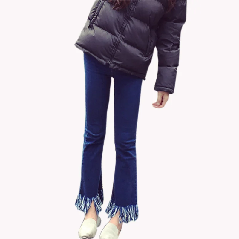 Hzirip 2018 Горячие осень-зима Для женщин тонкий Высокая Талия Кисточкой Джинсы для женщин Мода Bell Нижние штаны расклешенные джинсовые