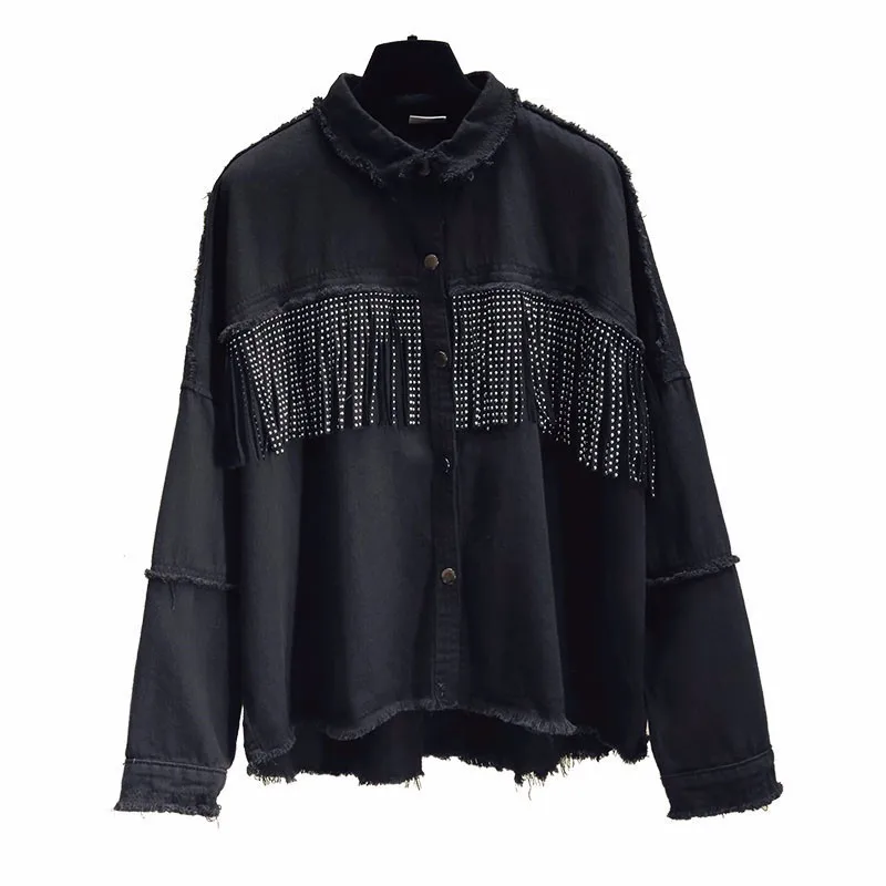 Новое поступление rivels tassles джинсовая куртка женская черная модная Свободная верхняя одежда с длинным рукавом - Цвет: Черный