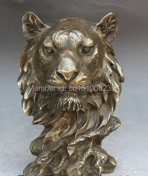 

11" Chinese FengShui Folk Bronze Leopard Panther Head Animal Statue Sculpture