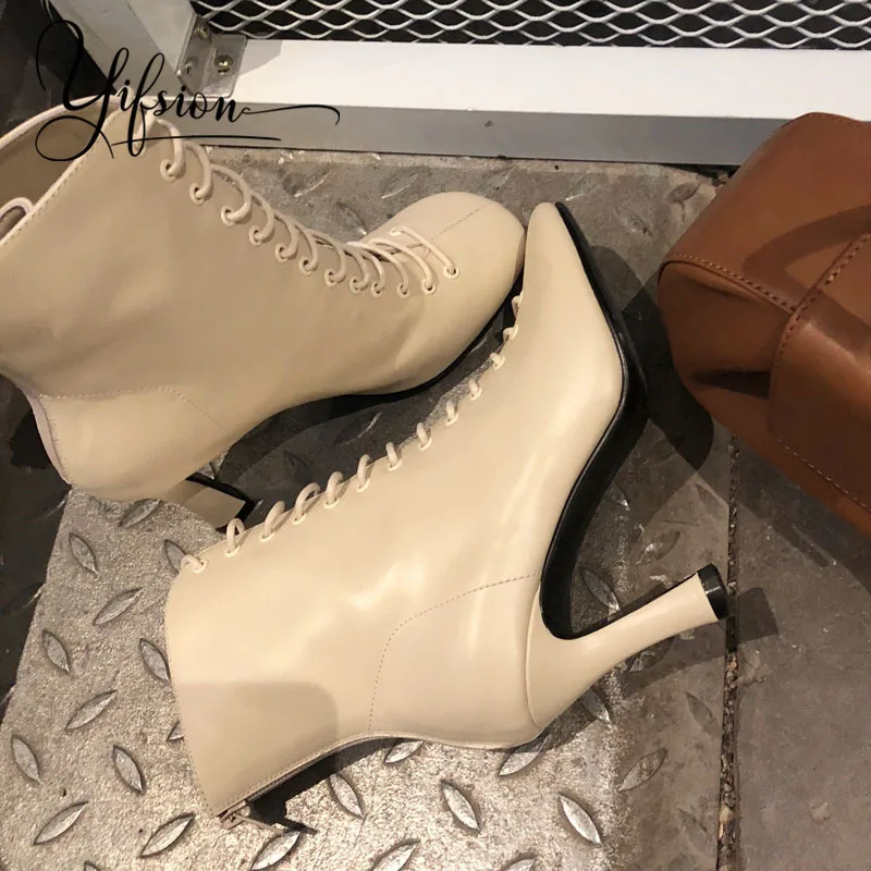 OLOME; Новинка; белые женские ботильоны из натуральной кожи; женские осенние ботинки на тонком высоком каблуке с круглым носком на шнуровке; женская повседневная обувь