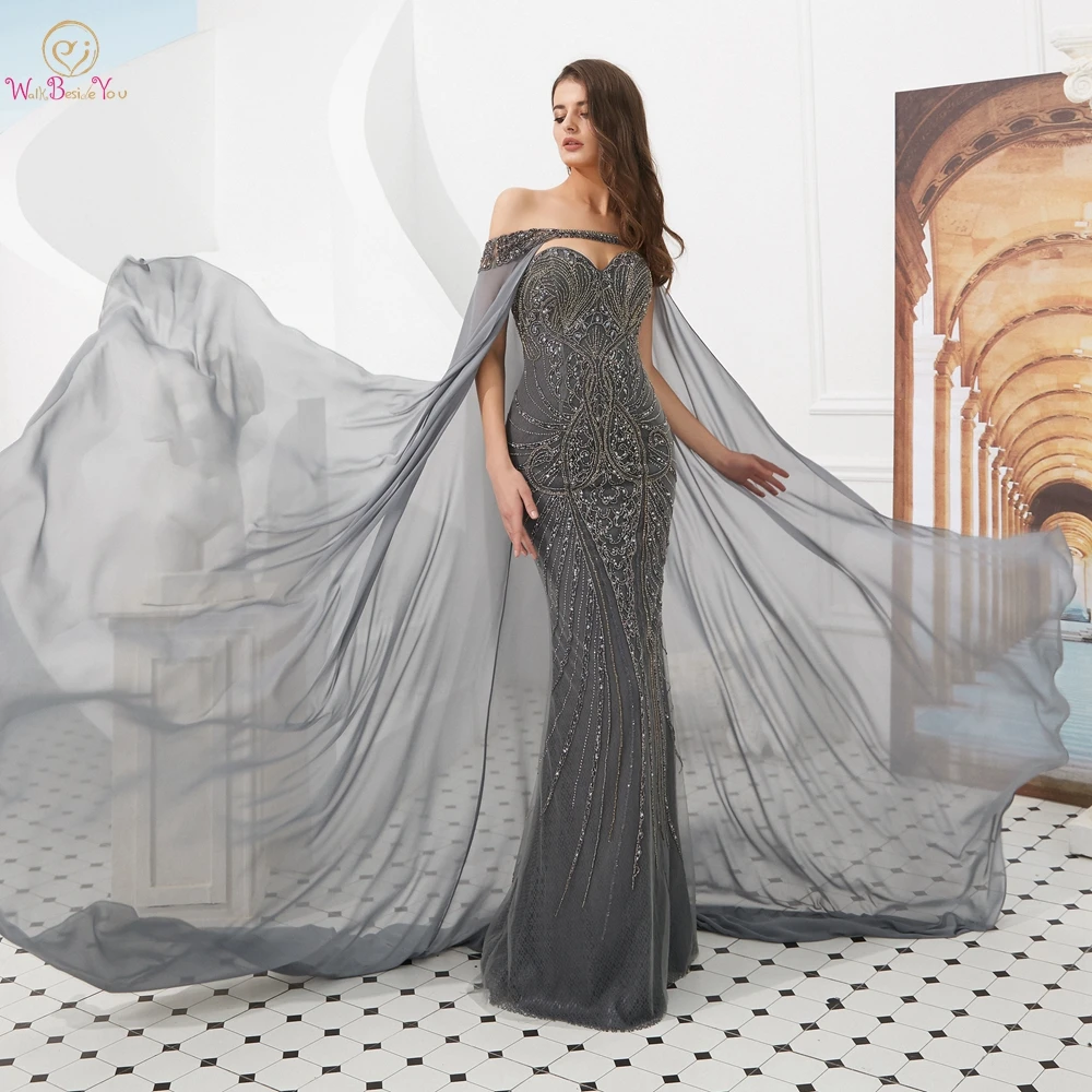 

Long Formal Gray Evening Dresses Beading Crystal Mermaid with Chiffon Bolero Lace Backless Prom Gown 2019 Walk Beside You Abiti