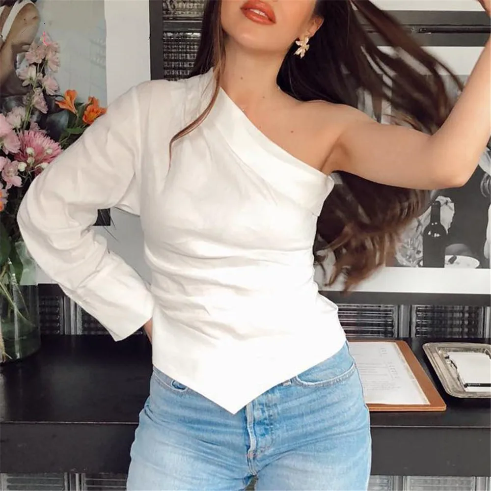 Белая женская рубашка на одно плечо летние топы блузка Blusa повседневные пляжные