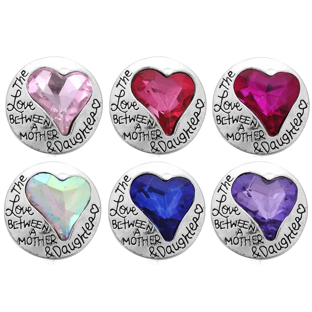 

10pcs/lot High Quality Snap Jewelry Rhinestone Love Heart 18mm Snap Buttons fit snap bracelet for Mother Daughter Love